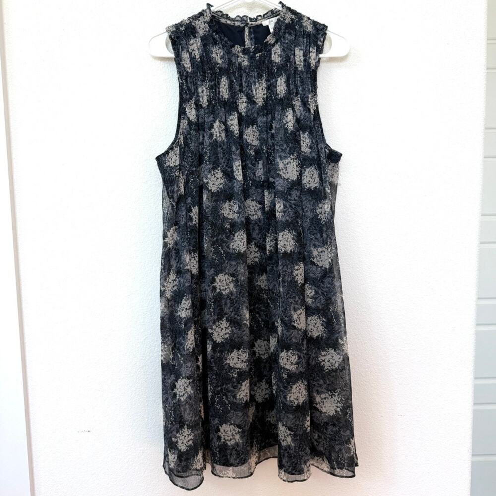 Joie Baltic Print Smocked Chiffon Midi Dress Black‎ Gray Lined  Size L Fairycore